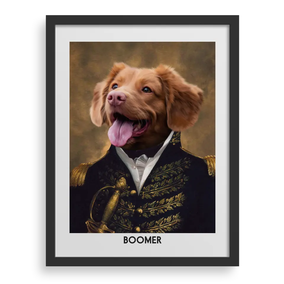 Black framed royal portrait of a brown dog named Boomer