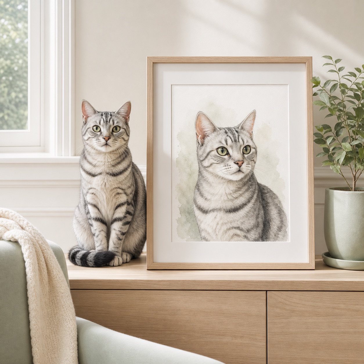 Silver tabby cat beside its framed watercolor portrait