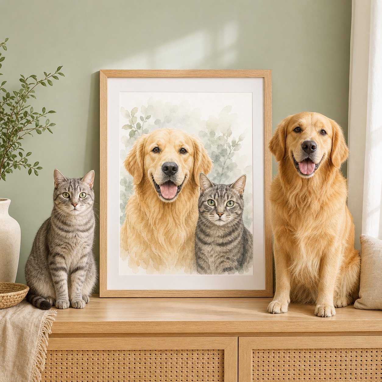 Framed portrait of a golden retriever and tabby cat